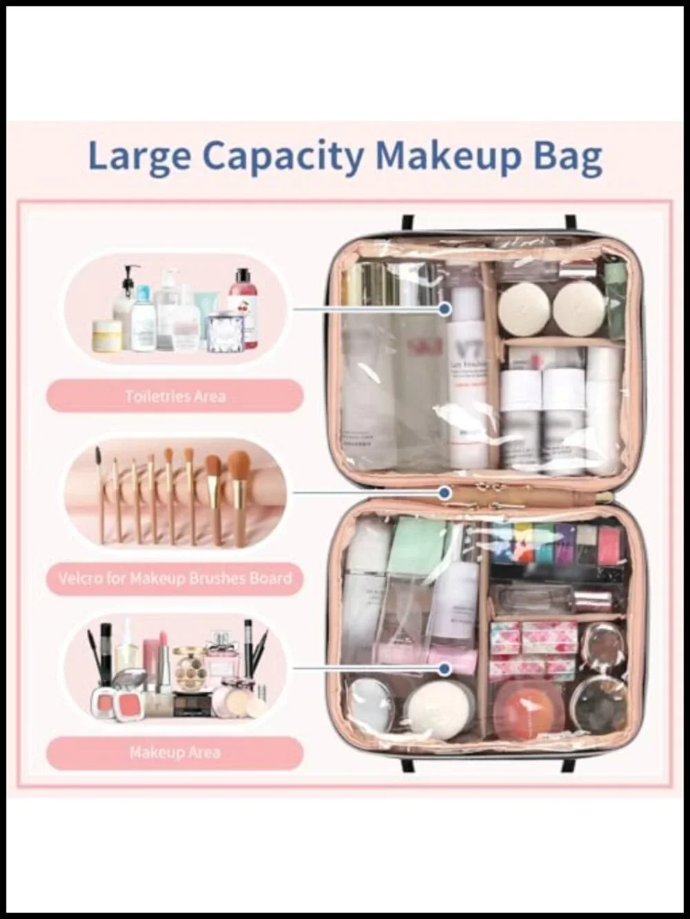 Large Capacity Travel Makeup Bag with Dividers & Brush Compartment, Waterproof